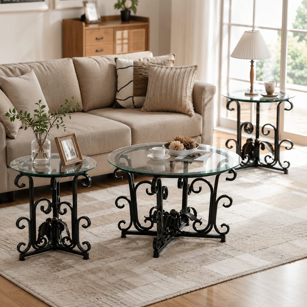 product-fancy-830dfcec-cea1-4680-85bf-ff71421c9aa7 3pcs Round Glass Coffee Table Set, Tempered Glass Top with Black Metal Frame, Modern Living Room Furniture Set with 1 Coffee Table & 2 End Tables for Apartment Small Spaces