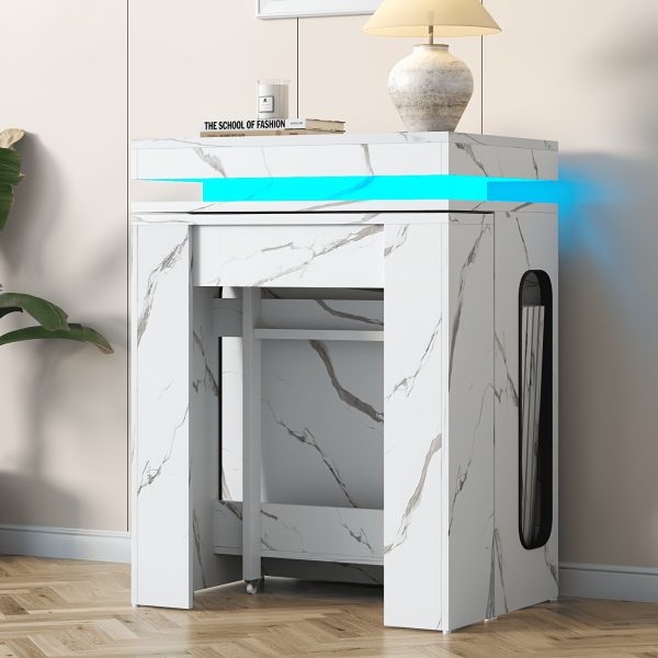 product-fancy-8313e825-3f04-4040-8a8e-ae61aa60be32 Extendable Dining Room Table with Charging Station & LED Lights, White Faux Marble Table, 19.7" to 98.4" Dining Table for 2-8, Modern Space Saving Kitchen Island Table, Rectangle Console Table for Living Room(No Chairs)