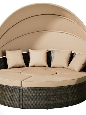 [Round Daybed With Canopy] Outdoor Patio Round Daybed With Retractable Canopy, Clamshell Sectional Seating Wicker Furniture With Washable Cushions For Backyard, Lawn, Poolside, Garden, And Outdoor Living Spaces, Brown