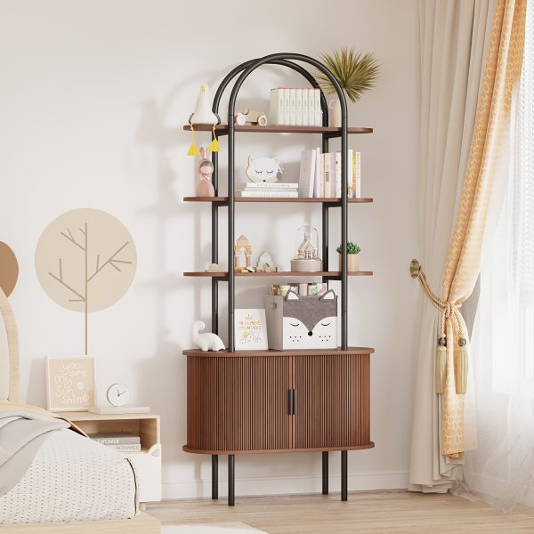 product-fancy-83e16734-fa9e-46d8-85d9-414db5b9aa97 71" Tall Fluted Bookshelf | 4-Tier Mid Century Modern Metal Curved Bookcase With Storage Cabinet, Sliding Door, Adjustable Footpad, Freestanding Arched Organizer For Living Room, Bedroom, Home Office | Wood Color, Matte End, Hardwood, Lshuizhu Brand