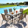 product-fancy-83efa964-3982-4b3b-a6b6-8d4323b8c2a9 7pcs Outdoor Dining Table and Chairs for 6 People - Textilene Stackable Patio Furniture with Glass Table & Umbrella Hole Base Suitable for Deck, Poolside,, Backyard - Umbrella Not Included