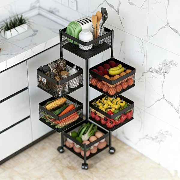 product-fancy-83f7cbdd-f615-4507-be8a-a0bed7f52f64 Rotating Kitchen Storage Shelf 5 Tier, Metal Fruit Vegetable Storage Basket Multi-Layer Vegetable Rack Storage Trolley on Wheels, Floor-Standing Basket for Kitchen Bathroom, Square