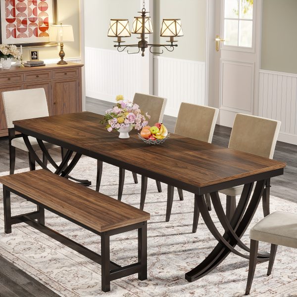 product-fancy-84b0bce4-6b20-410e-ab33-c99400bcc617 78" Farmhouse Rectangular Dining Table for 6-8 People - Heavy-Duty Metal Legs & Engineered Wood Top, Weather-Resistant Brown Table for Kitchen, Dining Room, Living Room (Assembly Required), Kitchen Table, Classic Elegant Design, Durable Construction
