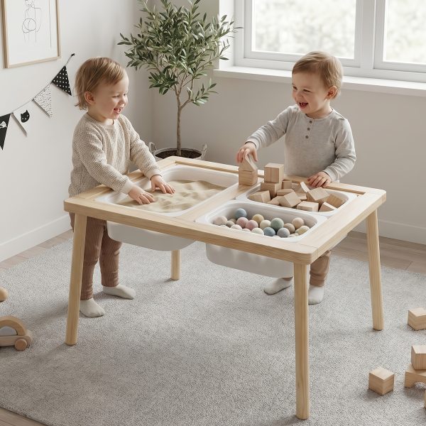 Kids Sensory Table with 3 Storage Bins, Solid Pine Wood Activity Table, Double-Sided Drawing & Play Surface, Sand And Water Play Table for Toddlers, Indoor Outdoor Learning & Craft Table