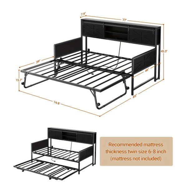 product-fancy-8567e65f-d3b5-4888-b90c-5118aafff898 Homieasy Farmhouse Daybed with Trundle, Twin Day Bed with Charging Station, Heavy Duty Metal Sofa Bed Frame with Pop-up Trundle Bed for Living Room, Bedroom And Guest Room