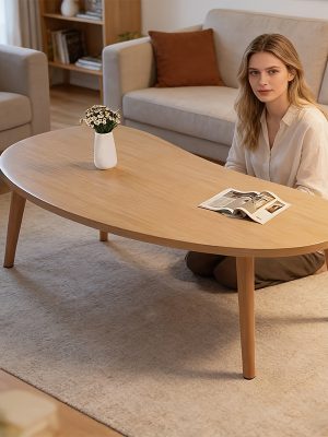 Natural Wood Grain Oval Coffee Table, Irregular Solid Wood Top Shows Unique Beauty. Slim Legs Create Lightweight Visual. Cozy Companion for Living Room Reading Nook. Holds Vase And Magazines Displaying Lifestyle. Modern Minimalist Home Core Piece