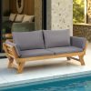 Outdoor Seating Arrangement Featuring a Wooden Sofa Bed with Adjustable Settings, Complete with Plush Cushions, Ideal for Two Individuals, Perfect for Small Spaces Like Balconies, Backyards, Or by The Pool