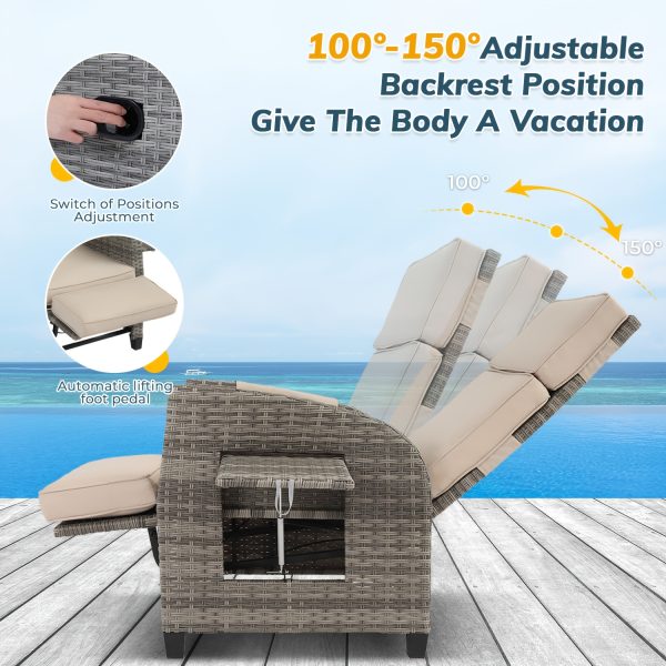 product-fancy-866fe3e1-fc76-4db2-a494-3549d1874ae0 Outdoor Patio Recliner Chair, Independent Adjustable Backrest Up To Lay Flat & Extended Footrest, Flip-Up Side Table, Removable Cushion, All-Weather Wicker, Aluminum Metal Frame For Porch Balcony Garden Poolside