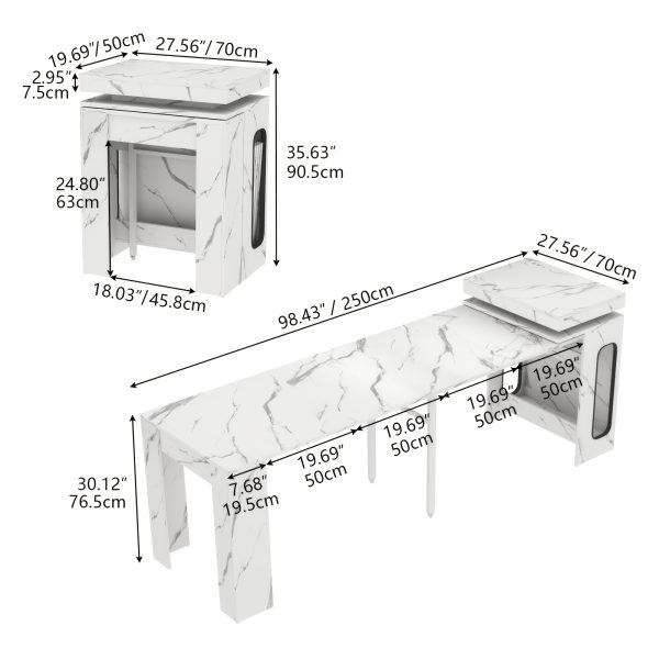 product-fancy-8692e00b-948e-40fd-9e7e-5d8cabf49446 Extendable Dining Room Table with Charging Station & LED Lights, White Faux Marble Table, 19.7" to 98.4" Dining Table for 2-8, Modern Space Saving Kitchen Island Table, Rectangle Console Table for Living Room(No Chairs)