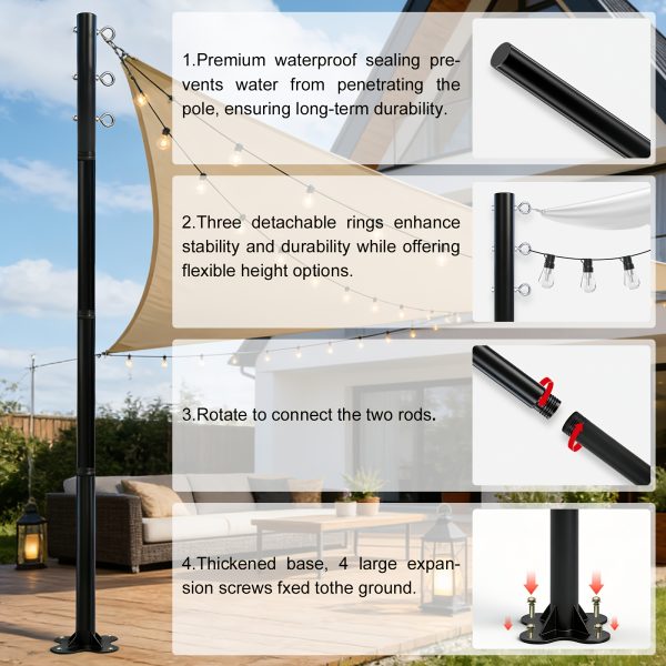 2-Pack 12-Foot Shade Sail Poles, Sturdy And Durable Heavy-duty Umbrella Poles Designed for Outdoor Use On The Ground, In Gardens, And On Patios. Easy to Install, Water-resistant, with Reinforced Bases And Expansion Bolts Included.