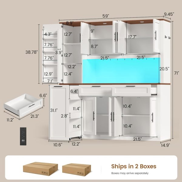 product-fancy-86bcf2fc-7220-40bd-bfeb-16f37211cd08 71 Inch Kitchen Pantry Cabinet with LED Lights And Charging Station, 59 Inch Wide Wooden Storage Cabinet with 2 Drawers, 8 Doors, 3-Tier Storage Cart, And 4 Door Shelves, Pantry Storage Cabinet with Microwave Stand for Dining Room, Black, White