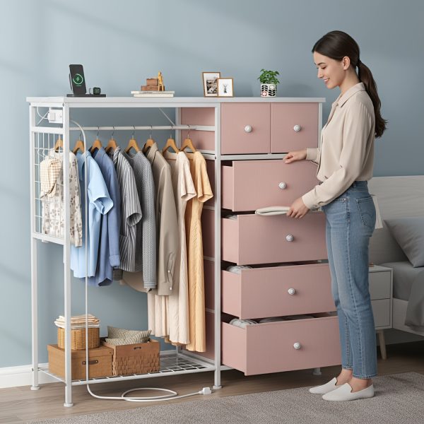 product-fancy-86be46ff-8394-4896-a58d-e9d5d28996ae Dresser with LED Lights And Charging Station for Bedroom - 6-Drawer Fabric Storage Dresser with Hanging Rack, Sturdy Wooden Top, Stable Anti-Tip Design, Perfect for Modern Homes & Apartments