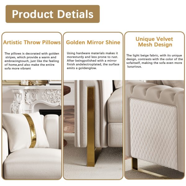 product-fancy-86c20503-b748-4b5b-8fb3-d9c531fedc0b Set of 2 67" 2-Seater/ 84.7" 3-Seater Chesterfield Sofas Luxury Velvet Couches Modern White And Golden Sofas for Living Room, Mid-Century Victorian Loveseats with Removable Cushions And 2 Toss Pillows And Golden Metal Legs