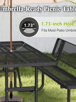 6-Person Outdoor Round Iron Picnic Table with Built-in Bench and Umbrella Hole, Suitable for Gardens, Courtyards, Patios, Lawns, Etc.