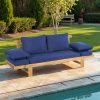 Outdoor Seating Arrangement Featuring a Wooden Sofa Bed with Adjustable Settings, Complete with Plush Cushions, Ideal for Two Individuals, Perfect for Small Spaces Like Balconies, Backyards, Or by The Pool