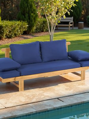 Outdoor Seating Arrangement Featuring a Wooden Sofa Bed with Adjustable Settings, Complete with Plush Cushions, Ideal for Two Individuals, Perfect for Small Spaces Like Balconies, Backyards, Or by The Pool