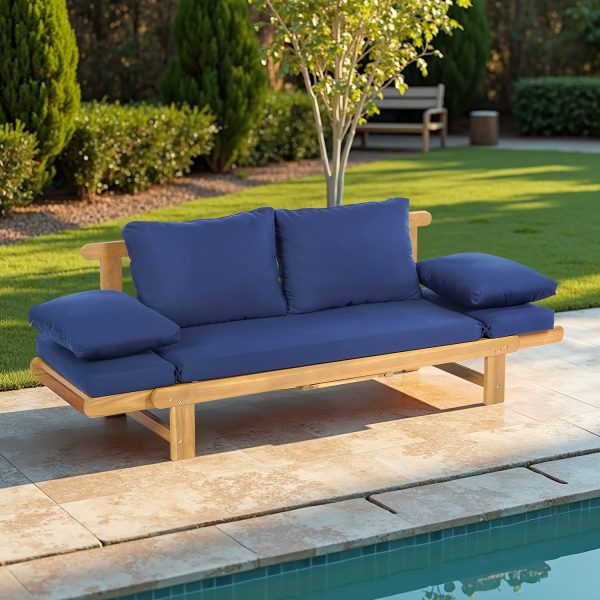 Outdoor Seating Arrangement Featuring a Wooden Sofa Bed with Adjustable Settings, Complete with Plush Cushions, Ideal for Two Individuals, Perfect for Small Spaces Like Balconies, Backyards, Or by The Pool