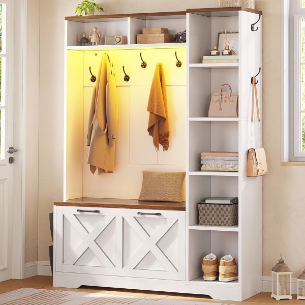 product-fancy-871b415f-f019-4df1-96cf-6ec333c2b969 Farmhouse Entryway Organizer with Bench & Shoe Cabinet - 7 Shelves, 10 Hooks, LED Lighting, USB-Powered, White Engineered Wood Storage for Hallway, Living Room, Bedroom - Easy Assembly, No Tools Needed, Entryway Storage, Rustic Charm, Durable Construction, Home Organization, Minimalist Design, Sturdy Construction, Home Decorators
