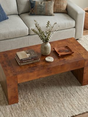 Modern Burl Wood Finish Coffee Table Suitable for Living Spaces, Minimalist Rectangular Center Table with Brushed Block Legs & Density Board Top, Sturdy /Outdoor Furniture for, Balcony, Entryway - Assembly