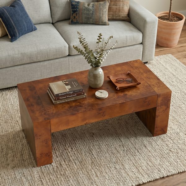 product-fancy-874b1852-fe6e-449c-a237-c8e953447fab Modern Burl Wood Finish Coffee Table Suitable for Living Spaces, Minimalist Rectangular Center Table with Brushed Block Legs & Density Board Top, Sturdy /Outdoor Furniture for, Balcony, Entryway - Assembly