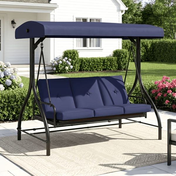 3 Person Patio Porch Swing Outdoor Converting Swing Glider Hammock with Adjustable Canopy, Cushions for Outside Backyard, Garden (Pillow Not Included)