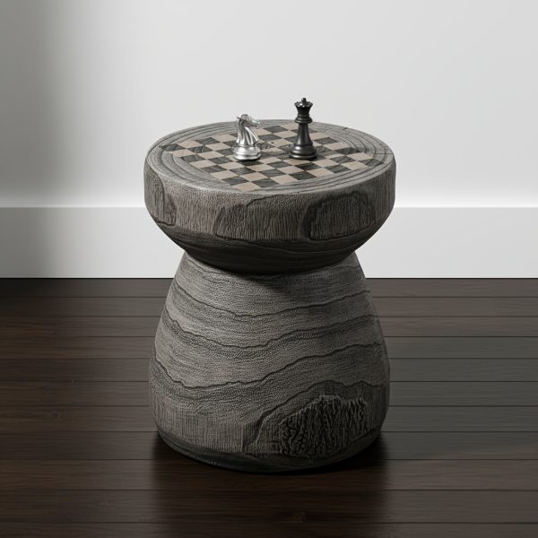 Modern Concrete Side Table, 14" Round Checkerboard End Table for Living Room, Industrial Grey Coffee Table & Magazine Stand, Heavy-Duty MGO Accent Table for Bedroom, Minimalist Garden Stool & Plant Stand (Grey/Brown)