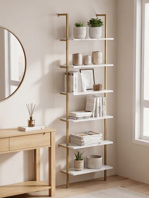 6 Tier Industrial Wall Mounted Shelves, White Faux Marble Floating Shelves, Open Storage Display Plant Rack for Living Room Kitchen Bedroom Office