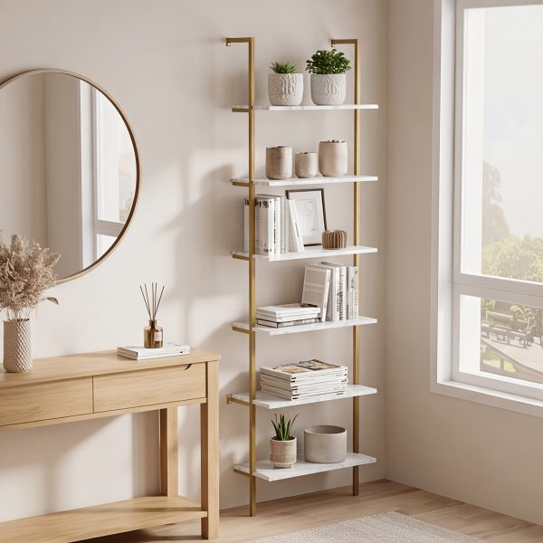 product-fancy-87aa9d95-4c87-419a-b7db-959ed31881a9 6 Tier Industrial Wall Mounted Shelves, White Faux Marble Floating Shelves, Open Storage Display Plant Rack for Living Room Kitchen Bedroom Office