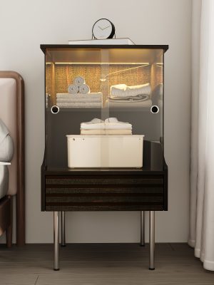 Contemporary Glass Storage Unit Featuring a Wavy Drawer And Two Shelves, Ideal As a Side Table for The Living Room with a Tempered Gold-Brown Glass Sliding Door, Suitable for Use As a Bedside Table in The Bedroom