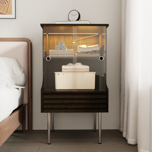 product-fancy-87b5295e-0e03-49cd-a674-b9f1f688e33c Contemporary Glass Storage Unit Featuring a Wavy Drawer And Two Shelves, Ideal As a Side Table for The Living Room with a Tempered Gold-Brown Glass Sliding Door, Suitable for Use As a Bedside Table in The Bedroom
