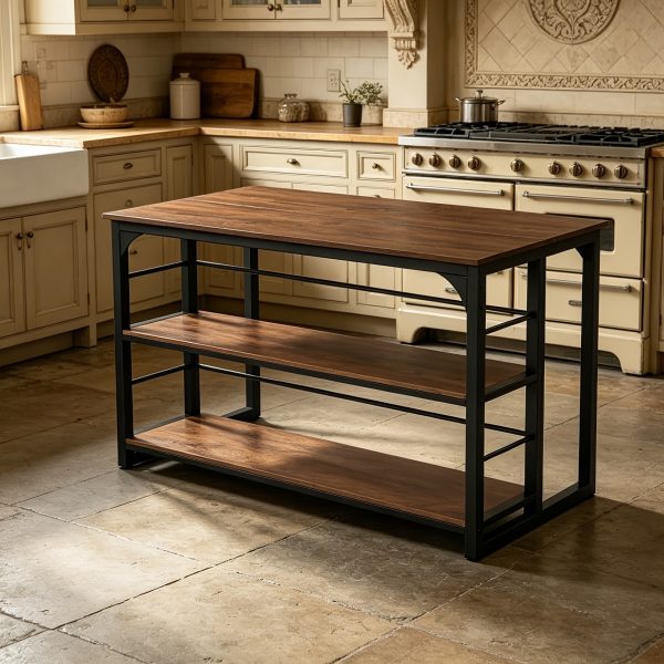 product-fancy-87ca72a2-315f-4e01-9d6a-edb550bb8602 62.99-Inch Kitchen Island with Storage, 3-Tier Solid Wood Island Table with Open Shelves, Large Prep Table for Kitchen Dining Room, Rustic Brown