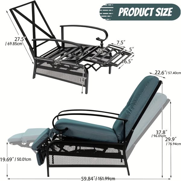 Patio Adjustable Lounge Chair, Waterproof Metal Chaise Longue With Blue Cushions, Perfect For Porch, Backyard, Pool Or Garden