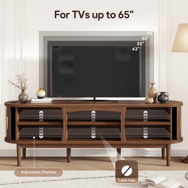 product-fancy-8836cf22-360b-46cd-8aa7-43009a8f2e19 68 Inch Mid-Century TV Stand for TVs Up to 70 Inch, Entertainment Center with Storage, Power Outlet, Recessed Sliding Doors & Adjustable Shelves, Modern Media Console for Living Room, Housewarming Gift