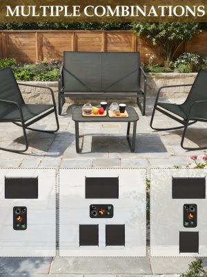[Outdoor Textilene Set] 4pcs Patio Furniture Set, Outdoor Textilene Conversation Set with Rocking Chairs And Loveseat, with Coffee Table for Garden, Balcony, Poolside, Backyard Lightweight, Water-Resistant And Uv-Resistant - Patio Furniture Outdoor