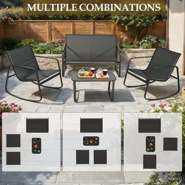 [Outdoor Textilene Set] 4pcs Patio Furniture Set, Outdoor Textilene Conversation Set with Rocking Chairs And Loveseat, with Coffee Table for Garden, Balcony, Poolside, Backyard Lightweight, Water-Resistant And Uv-Resistant - Patio Furniture Outdoor