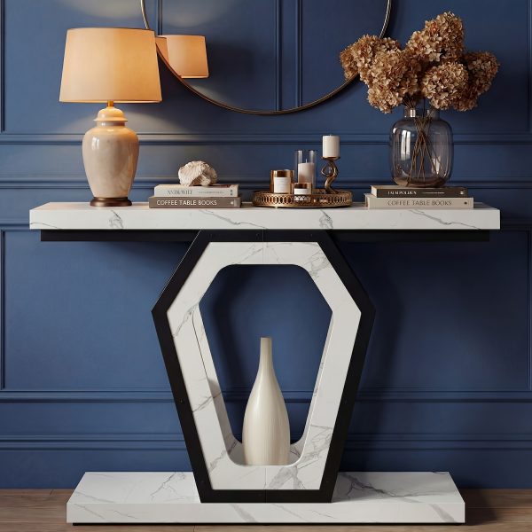 product-fancy-88d55580-79f0-40dd-b1f6-e31b3778dcff 47.3" Modern Console Table with White Marble Texture, Narrow Sofa Table for Entryway & Hallway, Slim Behind Couch Table with Openwork Bracket, Foyer Table for Living Room, Easy Assembly