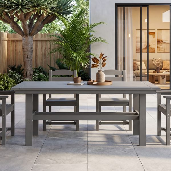 Modern Outdoor Dining Table for 6-Person Rectangle Indoor Outdoor Table with Umbrella Hole & Wood-Like Surface, Weather-Resistant Outside Dining Table for Patio Lawn Garden Backyard, 32.7" D X 70.9" W X 29.4" H