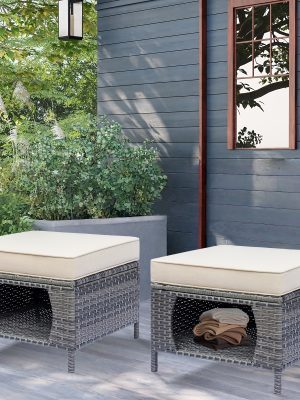 2pcs Royal Craft Outdoor Patio Furniture Set | Hand-Woven Pe Rattan Ottomans With 3.15 Inch Thick Cushions, All-Weather Material, Movable Cushions, Multifunctional Use, Gray Wicker With Beige/Denim Blue Cushions
