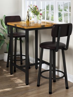 Bar Table And Chairs Set For 2, 3pcs Square Bistro Pub Table With 2 PU Upholstered Stools, Counter Height Dining Table And Chairs Set, Pub Hight Dining Table Set Other(Furniture) For Kitchen, Living Room, Small Spaces, Rustic Brown