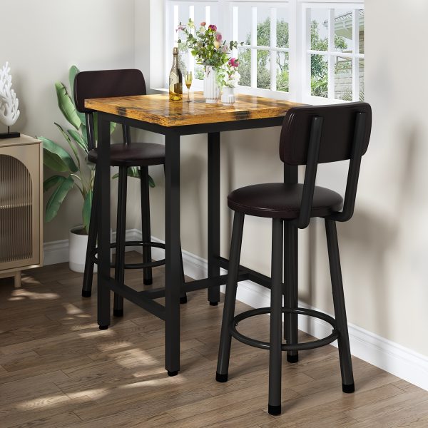 product-fancy-89960d90-99b8-4ff8-a43c-6fb4dcf97e54 Bar Table And Chairs Set For 2, 3pcs Square Bistro Pub Table With 2 PU Upholstered Stools, Counter Height Dining Table And Chairs Set, Pub Hight Dining Table Set Other(Furniture) For Kitchen, Living Room, Small Spaces, Rustic Brown
