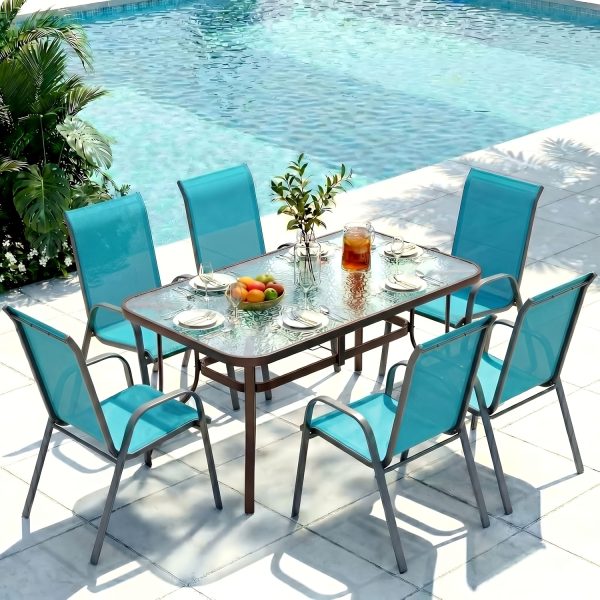 7pcs Outdoor Table And Chairs for 6, Outdoor Dining Set W/Rectangle Glass Table And 6 Patio Textilene Stackable Chairs, Patio Furniture Set W/Umbrella Hole, Umbrella Not Included