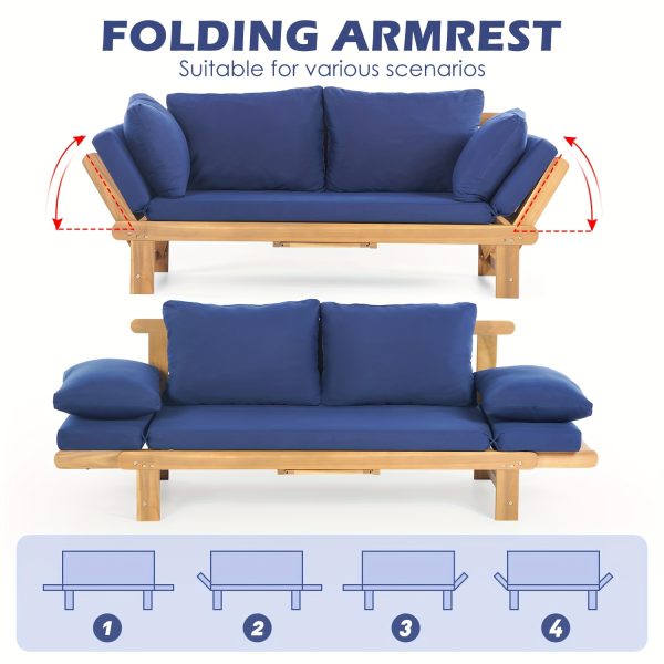 Outdoor Seating Arrangement Featuring a Wooden Sofa Bed with Adjustable Settings, Complete with Plush Cushions, Ideal for Two Individuals, Perfect for Small Spaces Like Balconies, Backyards, Or by The Pool