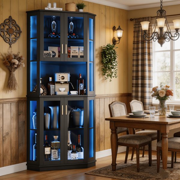 product-fancy-89de37a3-c92a-43e9-8146-ad12dadaab2d 65" Tall Corner Wine Bar Cabinet with LED Lights, 4-Tier Liquor Storage Cabinet with Glass Door, Space Saving Organizer for Living Room & Kitchen (Black/White)