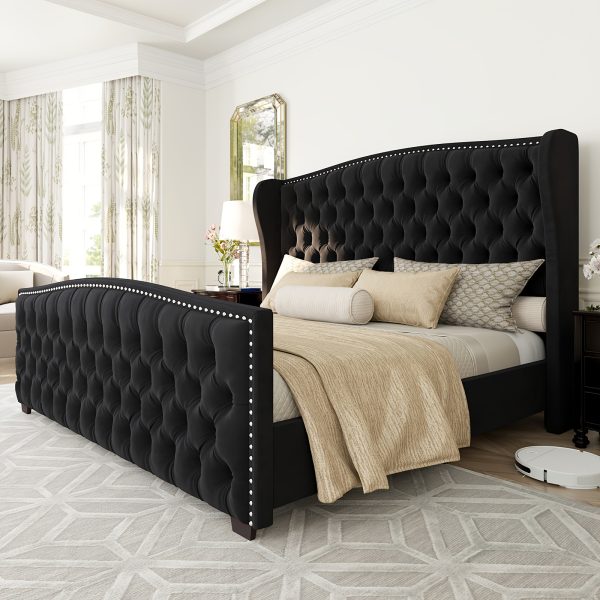 product-fancy-89ec862e-eb7b-4b83-a132-e5a2c52a86d4 Handcrafted Velvet Bed Frame Featuring a Wingback Headboard, Adorned with Button Tufting And Nailhead Accents, Supported by Wooden Slats.