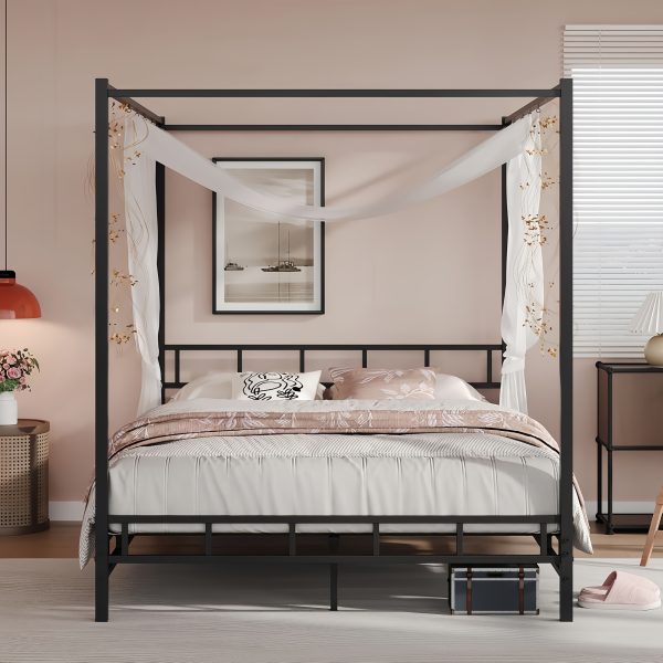 [Queen Canopy Bed Frame] Full Queen Canopy Bed Frame With Headboard And Footboard, Mattress Foundation Platform With Metal Slats Support, No Box Spring Needed, Easy Assembly, Black