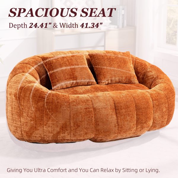 Oval Padded 2-Seat Beanbag Chairs, Upholstered Bean Bag Couch with 2 Pillows And Wrap-Around Backrest, Gaming Loveseat Sofa, Chenille Fabric Lazy Floor Beanbag Chair