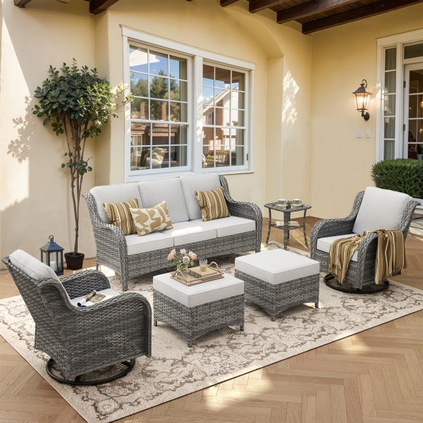 product-fancy-8b5c7497-370d-498d-a75c-db636c6215de 6pcs Outdoor Patio Furniture Set with Swivel Rocking Chairs, High Back Outdoor Sectional Sofa Sets with Side Table - Handwoven Rattan Outside Seating Sofa, Weather-Resistant Couch for Garden/Deck/Backyard/Decor
