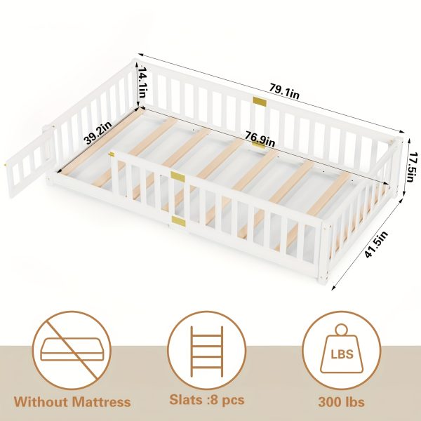 product-fancy-8b96bd1a-9295-4374-8967-f76626dbf154 Twin Toddler Floor Bed, Twin Floor Bed Frames for Girls/Kids/Baby, Floor Bed for Toddlers 1-3 Years Old, Floor Bed with Rails & Lockable Door, Twin Size Floor Bed - White