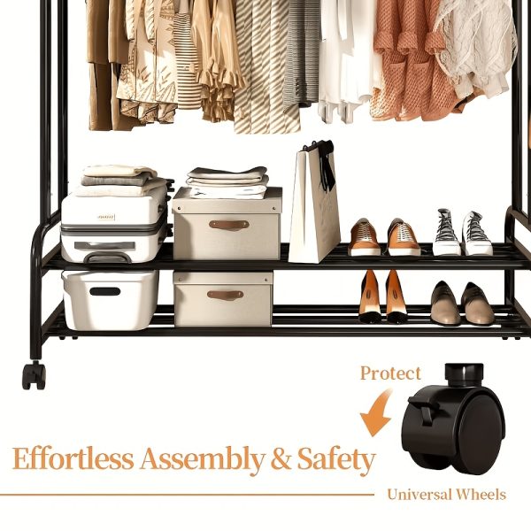 product-fancy-8bcadafd-1da9-4f29-9471-083acd4ddd0c Sturdy Metal Double-Rail Garment Rack with Wheels -Portable Clothing Rack with Shelves And Hooks -Heavy-Duty Clothes Hanger Stand- Multifunctional Bedroom Closet Organizer -Black