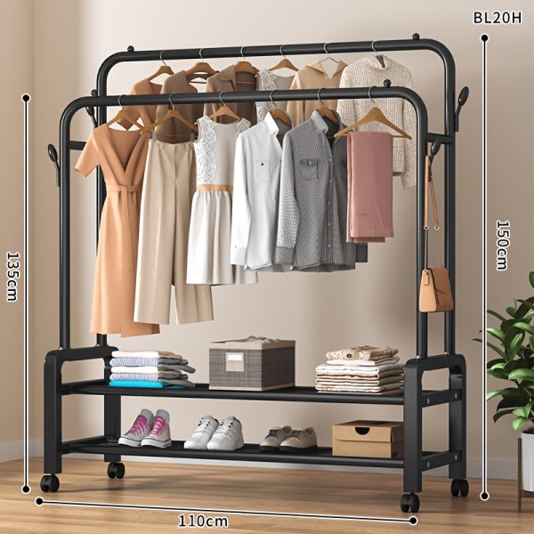 product-fancy-8be75220-dc3f-4191-9b8b-35abe9b15da2 Sturdy Metal Double-Rail Garment Rack with Wheels -Portable Clothing Rack with Shelves And Hooks -Heavy-Duty Clothes Hanger Stand- Multifunctional Bedroom Closet Organizer -Black